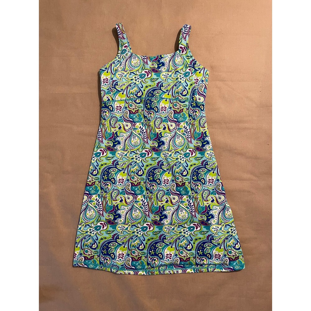 Title Nine Dress Womens Medium Green Multi Paisley A Line Athletic Mini Stretch
